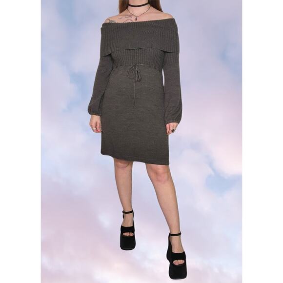 London Times Dresses & Skirts - Gray Y2k Off Shoulder Knit Lantern Sleeve Dress